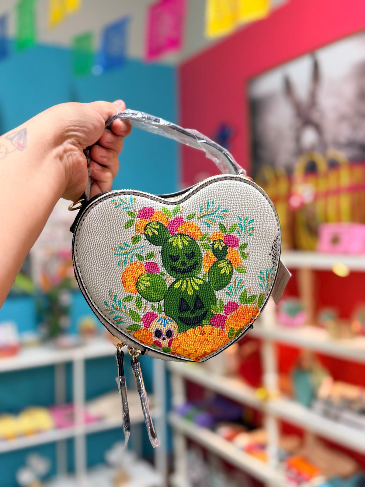 Handpainted Nopal-O-Lantern Heart purse